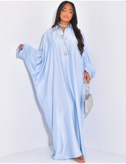 Abaya premium en satin col chemise à cristaux cousus à la main