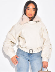 Blouson aviateur en similicuir à col fourrure amovible