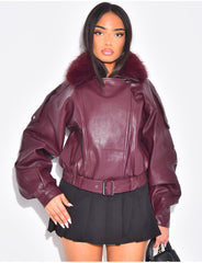 Blouson aviateur en similicuir à col fourrure amovible