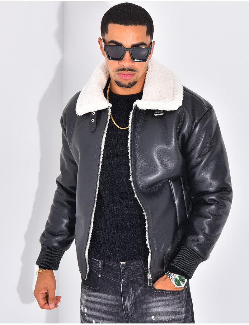 Bombers en similicuir avec fourrure au col