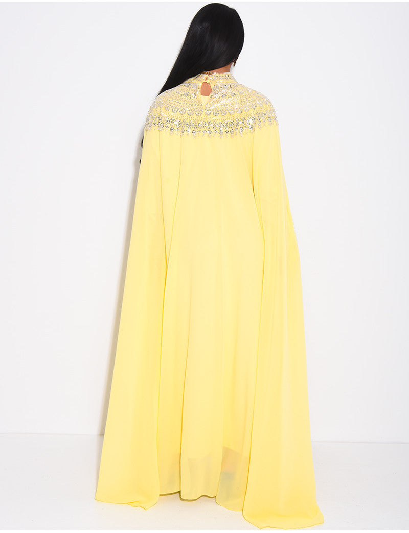 Abaya en mousseline ornée de strass & sequins et doublure assortie