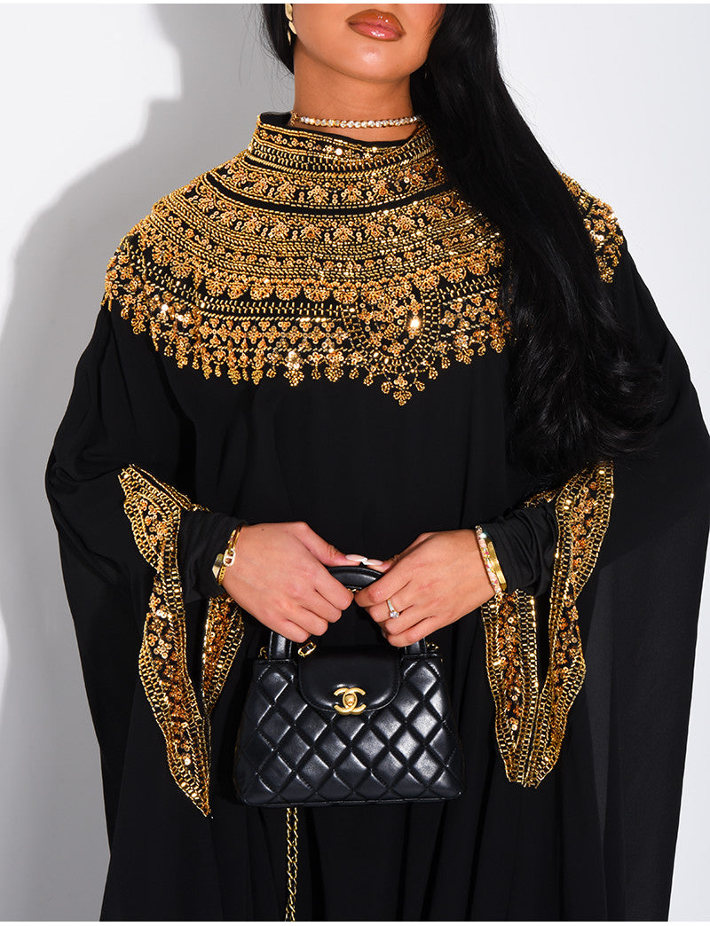 Abaya en mousseline ornée de strass & sequins et doublure assortie