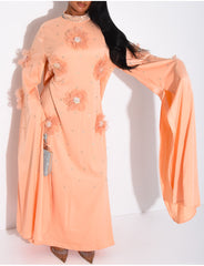 Abaya en satin à fleurs en relief et strass